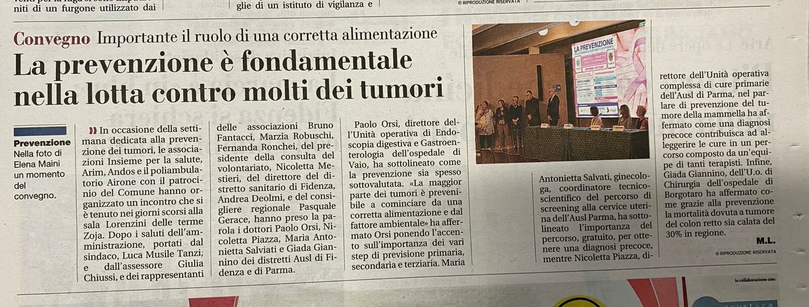 Articolo Gazzetta di Parma: la prevenzione è fondamentale nella lotta contro molti dei tumori